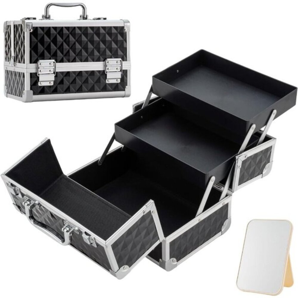 New Watercube Makeup Train Case, 2-Tray Cosmetic Organizer with Mirror Box